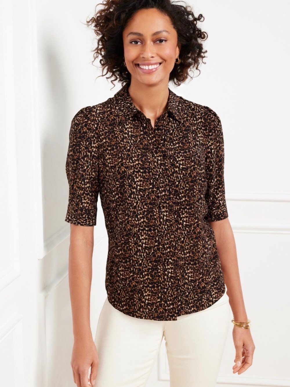 Talbots Elbow Sleeve Shirt Delicate Leopard Size Small